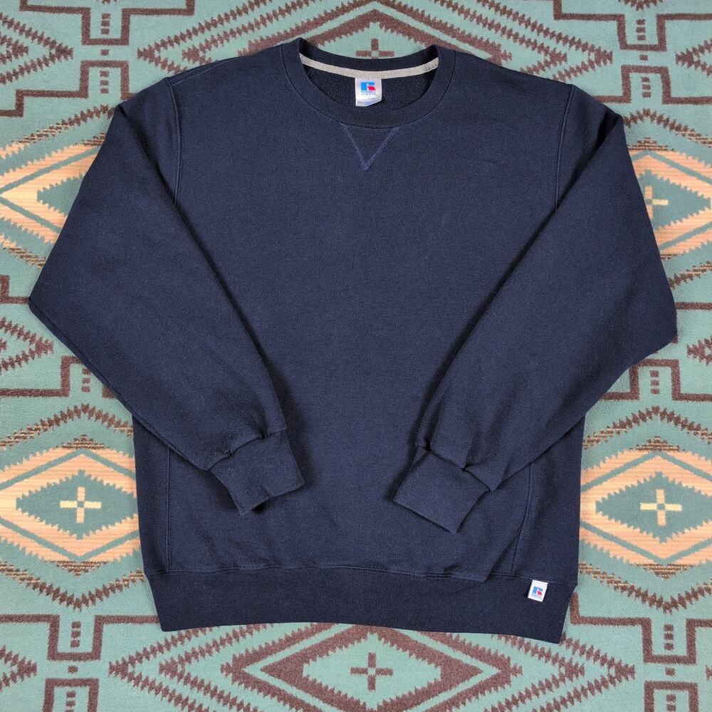 Vintage Russell Athletic Mens Crewneck Sweatshirt Navy Blue Blank Large Y2K